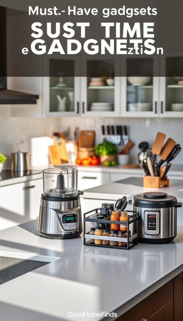 A bright, modern kitchen scene filled with must-have gadgets that save time and reduce frustration. The foreground showcases a sleek countertop with a high-quality food processor, an efficient multi-cooker, and an organized spice rack, all neatly arranged. In the middle ground, a stylish kitchen island features cutting-edge knives and chopping boards. The background reveals cabinets with smart storage solutions and an attractive arrangement of fresh ingredients. Natural light floods the room, casting soft shadows and creating a warm, inviting atmosphere. The focal point should highlight functionality while maintaining a chic aesthetic typical of Pinterest-style lifestyle photos. Include elements that suggest a blend of style and practicality, emphasizing efficiency and modern design. The image reflects the brand "GoodHomeFinds".