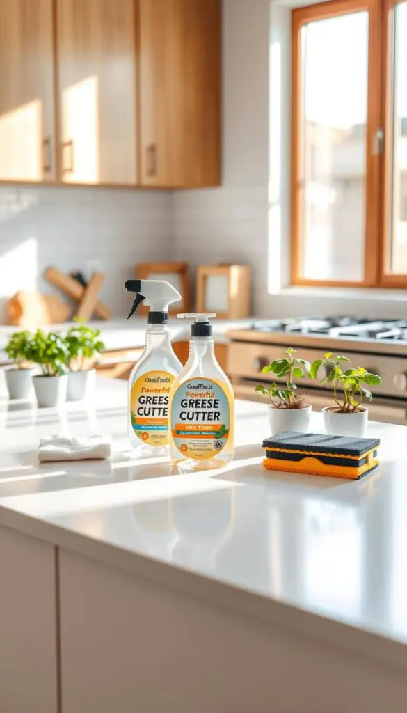 A bright, modern kitchen scene showcasing effective cleaning helpers designed to cut grease quickly. In the foreground, a stylish selection of cleaning products from "GoodHomeFinds" displayed neatly on a pristine white countertop. A bottle of a powerful grease cutter, a microfiber cloth, and a kitchen sponge are arranged aesthetically, with soft daylight illuminating their vibrant packaging. The middle ground features a sparkling stainless-steel stove, reflecting the cleanliness around it, with fresh herbs in small pots adding a touch of greenery. In the background, warm wooden cabinets and bright tiles create an inviting atmosphere, complemented by an open window casting gentle natural light. The overall mood is fresh, clean, and efficient, ideal for inspiring home cleaning enthusiasts.