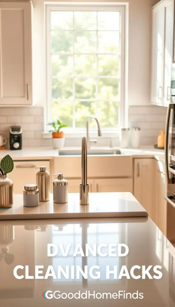 A bright, modern kitchen scene showcasing efficient cleaning methods. In the foreground, a sleek countertop is organized with minimal clutter, displaying stylish containers for cleaning supplies and a multi-functional appliance. The middle area features an open sink with a sparkling, easy-to-clean design, reflecting natural light streaming in from a large window, enhancing the room's ambience. The background showcases clean, white cabinets and a clean tile backsplash, evoking a sense of order and calm. Soft, warm lighting creates an inviting atmosphere, adding a touch of coziness. The overall mood is fresh and bright, perfect for illustrating advanced cleaning hacks. The design elements reflect a Pinterest-inspired aesthetic, emphasizing simplicity and functionality. GoodHomeFinds branding subtly integrated into the decor.