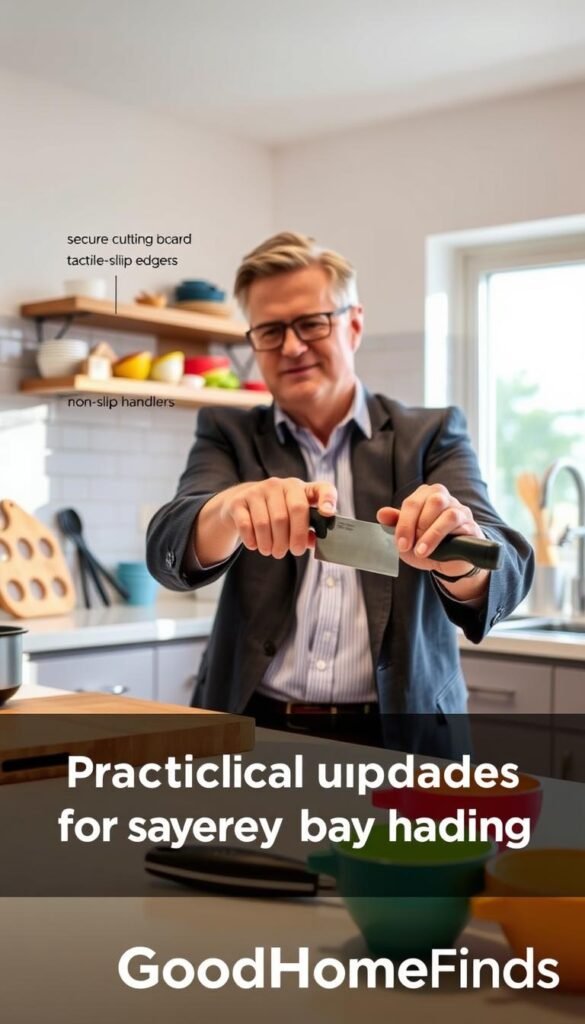 A bright, modern kitchen setting that embodies accessibility and safety in cooking. In the foreground, a visually impaired person, dressed in smart casual attire, demonstrates using an ergonomic knife with a safety handle, showcasing secure grip and easy maneuverability. To the left, a user-friendly cutting board with tactile markers and non-slip edges is prominently displayed. In the middle ground, accessible kitchen tools like large-handled utensils and color-coded measuring cups are neatly arranged. The background features soft, natural lighting coming through a window, illuminating a clutter-free, organized countertop. The atmosphere is warm and inviting, evoking a sense of inclusivity and everyday accessibility. The image reflects the GoodHomeFinds brand, emphasizing practical upgrades for safer handling in the kitchen.