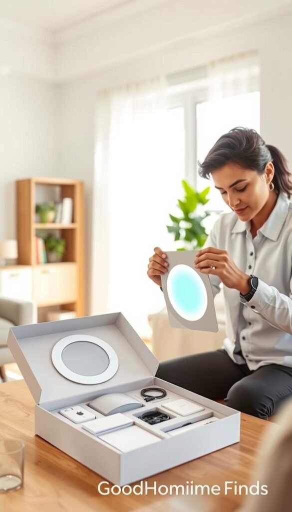 A bright, modern living room scene showcasing the unboxing of a smart light guide device. In the foreground, a person in smart casual attire carefully removes the sleek, futuristic light guide from elegant packaging. Their focused expression highlights the excitement of setting up new technology. In the middle ground, the box is open with neatly arranged components, including the light guide, instructions, and accessories. In the background, soft natural light streams through a large window, creating a warm and inviting atmosphere. A minimalist bookshelf and a potted plant add a touch of greenery to the decor. The overall mood is one of anticipation and innovation, embodying the spirit of "GoodHomeFinds".