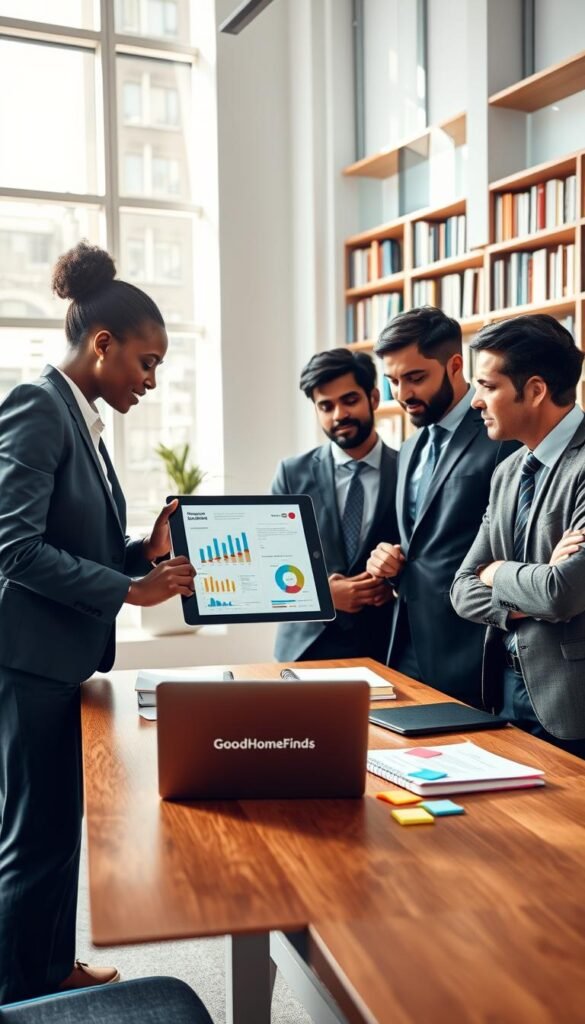 A bright, modern office space filled with natural light streaming through large windows. In the foreground, a diverse group of three professionals&mdash;one woman of African descent and two men, one of South Asian descent and the other Caucasian&mdash;observe a digital tablet displaying charts and graphs. They're dressed in smart business attire, engaged in a focused discussion about their findings. In the middle, a sleek wooden table hosts notebooks, a laptop, and colorful sticky notes, emphasizing collaboration. In the background, bookshelves filled with business literature add depth. The atmosphere is energetic yet serene, highlighting effective problem-solving and implementation. The overall image invokes a sense of productivity and innovation, fitting for the theme. GoodHomeFinds branding subtly integrated on a notebook. Soft, warm lighting enhances the professional vibe, captured from a slight angle to convey depth.