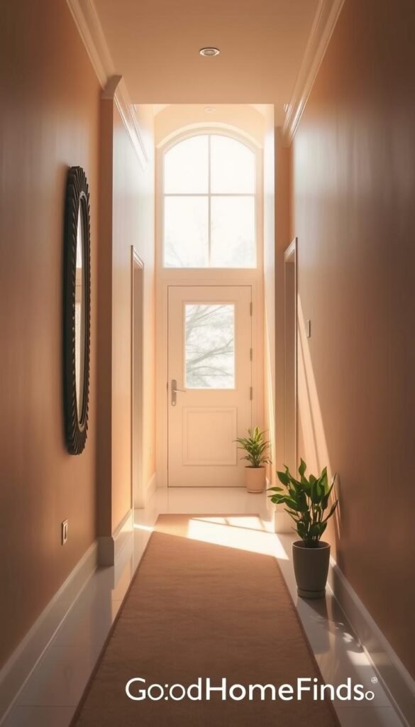 A bright, narrow hallway bathed in warm, natural light streaming through a large window at the far end. The walls are painted in soft, neutral tones, enhancing the sense of spaciousness. On one side, a large decorative mirror reflects the light, creating an illusion of depth. Subtle potted plants line the other side, adding a touch of greenery. The floor is sleek and polished, with a soft runner rug that adds texture without overwhelming the aesthetic. The perspective is slightly angled to emphasize the length and brightness of the hallway, capturing a cozy yet airy atmosphere. The image should evoke a sense of welcome and tranquility, perfect for a lifestyle setting. No captions or watermarks. GoodHomeFinds brand style.