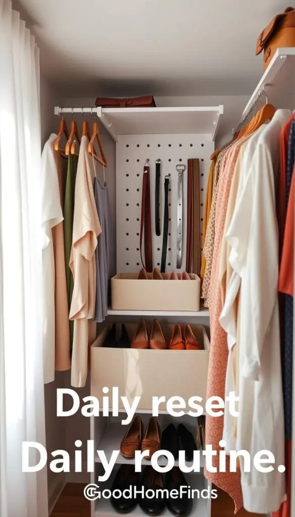 A bright, organized closet interior showcasing a daily reset routine. In the foreground, neatly arranged clothing items hang on slim, natural-finished wooden hangers, exemplifying color coordination and easy access. The middle layer features an open storage bin filled with shoes, each pair displayed with attention to detail and a sense of order. Soft, diffused morning light streams in from a nearby window, creating a warm, inviting atmosphere. In the background, a stylishly designed pegboard holds accessories such as belts and bags, enhancing the sense of organization. The overall mood is serene and motivational, encouraging a harmonious daily maintenance routine. The image embodies a Pinterest-style lifestyle aesthetic, branded as "GoodHomeFinds."