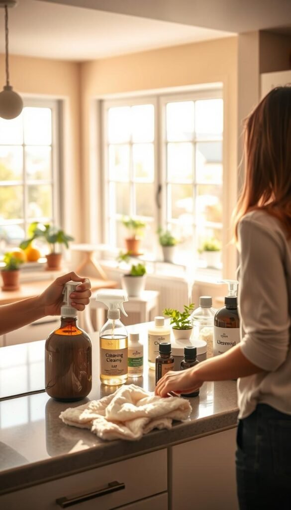 A bright, sunlit kitchen featuring a diverse set of cleaning tools and supplies neatly arranged on a countertop. In the foreground, a woman in modest casual attire is spritzing a natural cleaning solution onto a countertop, while a soft, fluffy cleaning cloth hovers nearby. In the middle, a collection of eco-friendly cleaning products, including an essential oil diffuser emitting a subtle mist, suggests freshness and cleanliness. In the background, large windows allow natural light to stream in, illuminating potted herbs on the windowsill and a tidy living space. The overall atmosphere is warm and inviting, conveying a sense of responsibility and tranquility in maintaining a fresh-smelling home. Capture this scene in a soft-focus, natural lighting, with a slight overhead angle to emphasize the routine and peaceful environment. GoodHomeFinds.