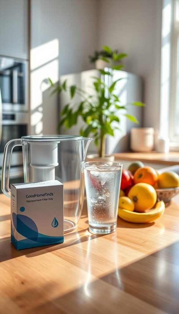 A bright, sunlit kitchen featuring a stylish water filter replacement kit on a polished wooden countertop. In the foreground, a clear, sleek water pitcher with a filter inside is placed beside a package of replacement filters labeled "GoodHomeFinds". The middle ground showcases fresh, colorful fruits and a glass of clear water with condensation droplets, emphasizing the freshness and quality of filtered water. In the background, a cheerful indoor plant and modern appliances create a cozy, inviting atmosphere. The lighting is warm and natural, casting soft shadows, capturing a tranquil and refreshing mood. The camera angle is eye-level, making the scene relatable and appealing, perfect for a lifestyle image.