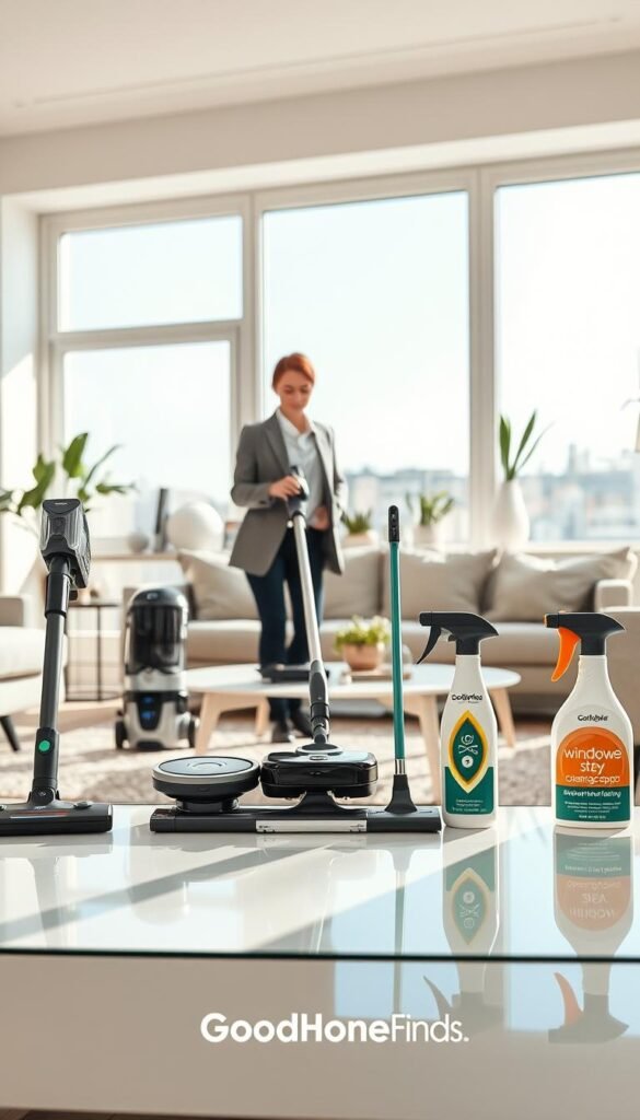A bright, sunlit modern living room featuring a meticulously organized cleaning session showcasing the "five-by-five cleaning method." In the foreground, five high-tech cleaning devices neatly arranged on a sleek coffee table, including a cordless vacuum, a robotic vacuum, steam mop, window cleaner, and a multi-surface spray. The middle ground displays a person in professional business attire efficiently using the cordless vacuum, with a focused expression, embodying productivity. In the background, large windows allow natural light to flood the space, illuminating functional decorative elements like potted plants and stylish furniture. The overall atmosphere is clean, serene, and inviting, accentuated by a soft depth of field that emphasizes the tools. The image embodies the spirit of efficiency and modernity, suitable for a lifestyle article. GoodHomeFinds branding subtly incorporated into the cleaning devices&rsquo; design.