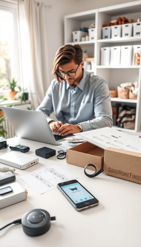 A bright, well-lit home office showcasing a meticulous safety and quality check process for online purchases. In the foreground, a focused individual wearing smart casual attire examines products on a laptop, surrounded by neatly arranged items like gadgets and home goods marked with checklists. The middle layer features a table with open packaging, quality control tools like a magnifying glass, and a smartphone displaying a shopping app. The background holds a clean, organized shelf with labeled containers of different household items. Soft, natural lighting filters through the window, creating an inviting atmosphere. This scene reflects a blend of professionalism and a cozy home environment, showcasing the brand &ldquo;GoodHomeFinds.&rdquo;