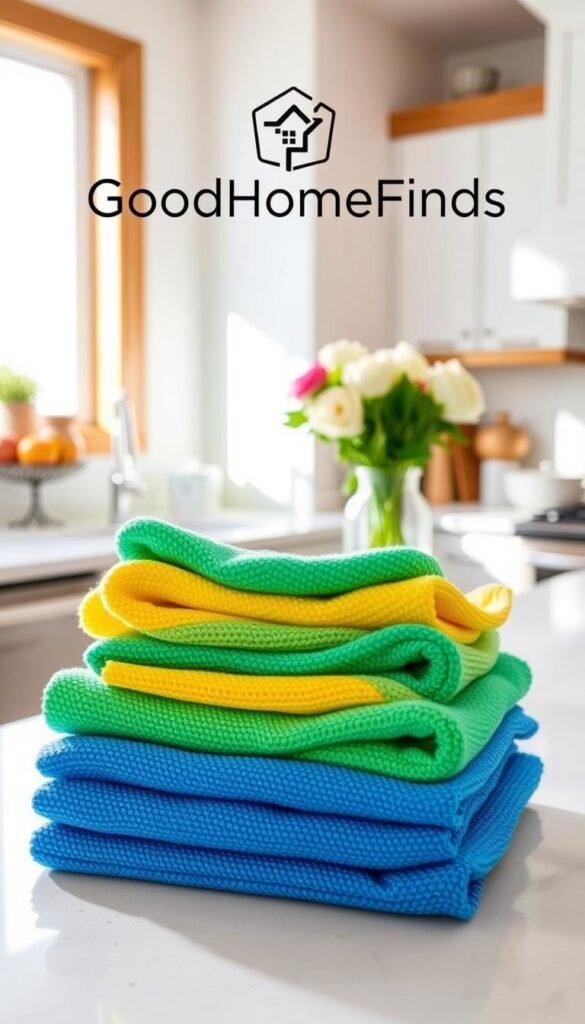 A bright, well-lit kitchen countertop featuring an array of colorful microfiber cleaning cloths in vibrant blues, greens, and yellows, neatly folded and stacked. The foreground showcases the texture of the cloths, emphasizing their soft, plush quality and absorbency. In the middle ground, a sparkling clean glass vase with fresh flowers stands, hinting at the effectiveness of these cloths in household cleaning. The background is softly blurred, revealing a stylish kitchen setting with warm wood accents and modern appliances, creating an inviting atmosphere. Natural light filters in through a nearby window, casting gentle shadows and enhancing the cozy vibe. Logo prominently displayed: "GoodHomeFinds".