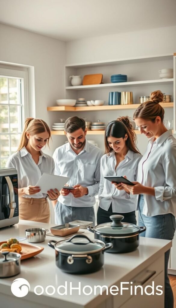 A bright, well-lit kitchen scene featuring a diverse group of three professionals, dressed in smart casual attire, conducting safety and quality checks on various home and kitchen items. In the foreground, a woman inspects a kitchen appliance with a checklist in hand, while a man examines cookware, ensuring they meet safety standards. A second woman takes notes on a tablet, focused on the items spread out on a clean kitchen island. The background showcases organized shelves filled with various kitchen gadgets, all bathed in natural light from a nearby window, creating a warm and inviting atmosphere. The brand logo "GoodHomeFinds" is subtly integrated into the design, enhancing the professional feel of this Pinterest-style image.