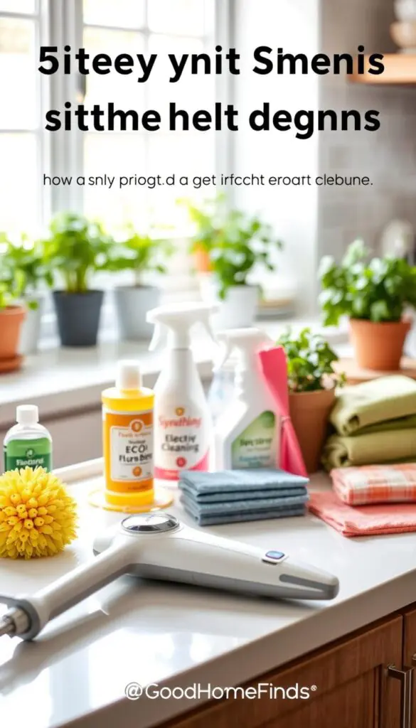 A bright, well-organized kitchen countertop featuring an array of innovative cleaning gadgets designed to simplify kitchen maintenance. In the foreground, a sleek, high-tech electric scrubber rests beside eco-friendly sprays and reusable cleaning pads, showcasing their modern design. The middle ground features a colorful set of silicone scrubbers and a durable microfiber cloth neatly folded. In the background, soft, natural light floods the space through a window, illuminating a tidy kitchen with potted herbs for a fresh, inviting atmosphere. The scene exudes a sense of efficiency and cleanliness, inviting the viewer to imagine a stress-free kitchen environment. The brand "GoodHomeFinds" is subtly represented within the scene, emphasizing trendy and practical kitchen solutions.