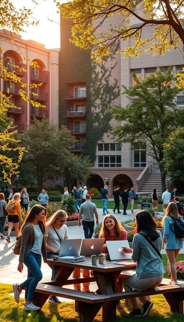 A bustling college campus during the golden hour, showcasing a lively outdoor scene with students walking and chatting. In the foreground, a diverse group of students in modest casual clothing gather around a picnic table with laptops and books, discussing housing options. The middle ground features charming apartment buildings with balconies, vibrant greenery, and flower beds. In the background, a university building stands majestically, adorned with ivy. The sunlight filters through the trees, casting warm, dappled light on the scene, creating an inviting and optimistic atmosphere. The image should be captured from a slightly elevated angle to provide a comprehensive view of the campus layout, emphasizing the connection between student life and nearby off-campus housing options. This lifestyle photograph should resonate with the &ldquo;GoodHomeFinds&rdquo; brand.