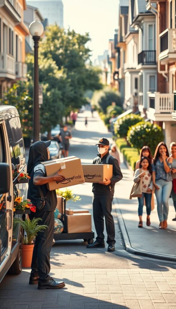 A bustling urban street scene illustrating the "last mile" of delivery, featuring a delivery person in professional attire holding a package with the "GoodHomeFinds" branding. In the foreground, the delivery person stands next to a modern electric delivery van, surrounded by colorful house plants and outdoor decor items ready for delivery. In the middle ground, neatly lined sidewalks with cheerful families receiving packages, creating an inviting atmosphere. The background showcases cozy homes with well-kept lawns, hinting at the convenience of services for Amazon Prime households. Soft afternoon sunlight casts warm tones, creating a friendly and welcoming vibe. Capture the moment from a slightly higher angle to encompass both the street activity and surroundings, emphasizing the sense of community and excitement around home deliveries. A bustling urban street scene illustrating the "last mile" of delivery, featuring a delivery person in professional attire holding a package with the "GoodHomeFinds" branding. In the foreground, the delivery person stands next to a modern electric delivery van, surrounded by colorful house plants and outdoor decor items ready for delivery. In the middle ground, neatly lined sidewalks with cheerful families receiving packages, creating an inviting atmosphere. The background showcases cozy homes with well-kept lawns, hinting at the convenience of services for Amazon Prime households. Soft afternoon sunlight casts warm tones, creating a friendly and welcoming vibe. Capture the moment from a slightly higher angle to encompass both the street activity and surroundings, emphasizing the sense of community and excitement around home deliveries.