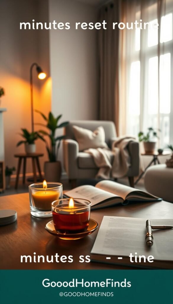 A calming evening scene in a cozy living room, showcasing a &ldquo;minutes reset routine.&rdquo; In the foreground, a stylish coffee table with a warm cup of herbal tea, a candle flickering softly, and a journal with an elegant pen lying open. The middle ground features a comfortable armchair draped with a soft throw blanket, inviting relaxation. The background reveals a softly lit window with sheer curtains, allowing gentle amber light to pour in, creating a serene atmosphere. Subtle houseplants add a touch of nature, while the warm color palette evokes tranquility. Lens perspective focuses on a slightly elevated angle, capturing a harmonious and inviting lifestyle setting. Designed in a Pinterest style, embracing the brand "GoodHomeFinds", illustrating a perfect reset time for any night.