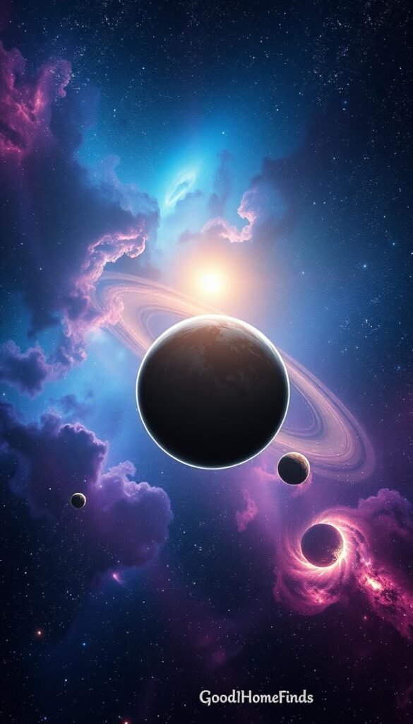 A captivating image of space, featuring a mesmerizing cosmic panorama, with a foreground of vibrant nebulae in rich blues and purples, contrasting against a backdrop of countless twinkling stars. In the middle ground, a large, detailed planet with swirling clouds and visible landmasses, overshadowed by a luminous ring system. The scene is illuminated by a distant sun, casting soft glows and enhancing the celestial colors, creating a mystical atmosphere that highlights the vastness of the universe. Use a wide-angle lens to capture the expansive nature of the cosmos, emphasizing depth and dimensionality. The mood is serene yet awe-inspiring, inviting viewers to reflect on the wonders of space, aligned with the essence of GoodHomeFinds.
