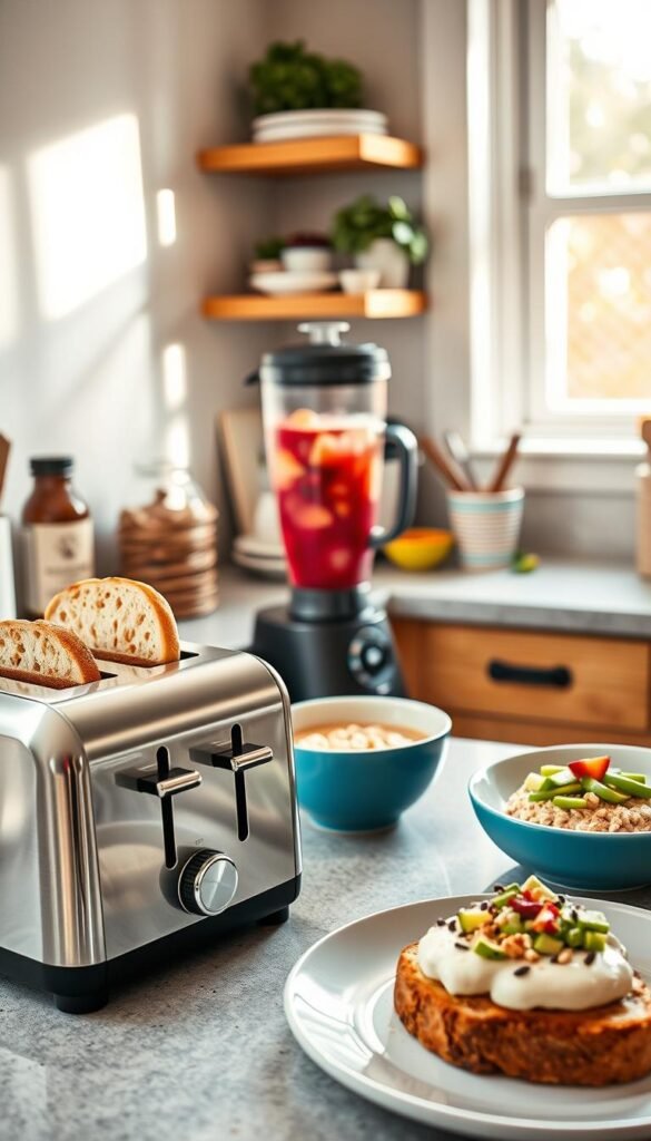 A captivating kitchen scene showcasing an array of fast breakfast tools, designed for everyday use. In the foreground, a sleek toaster with perfectly browned slices of bread, a vibrant smoothie blender with fresh fruits, and a practical coffee maker brewing aromatic coffee. The middle ground features an organized countertop with colorful bowls of oatmeal and toppings, while a stylish breakfast plate holds a quick avocado toast. In the background, natural light streams through a sunny window, casting a warm glow over the scene, enhancing the inviting atmosphere. The setting feels lively and relatable, representing a real person's busy morning routine. Emphasize a Pinterest-style lifestyle aesthetic, showcasing an authentic and cozy kitchen environment. Include subtle branding elements of "GoodHomeFinds" integrated into the kitchen decor.