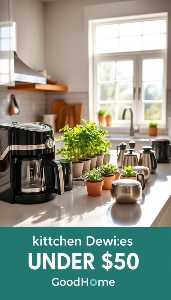 A captivating kitchen space showcasing the latest kitchen devices under $50, arranged neatly on modern countertops. In the foreground, a sleek coffee maker and a compact air fryer with stylish design elements. The middle layer features a vibrant herb garden in small pots, emphasizing space-saving solutions, surrounded by several other trendy kitchen gadgets. The background reveals a bright kitchen with ample natural light filtering through large windows, offering a warm and inviting atmosphere. The scene is framed from a slight high angle to capture the layout's efficiency. Soft shadows cast by the sunlight create depth, highlighting the practical yet stylish nature of the kitchen. The overall mood should feel fresh, organized, and inspiring, embodying the theme of smart upgrades. Include the brand name "GoodHomeFinds" subtly integrated into the design.