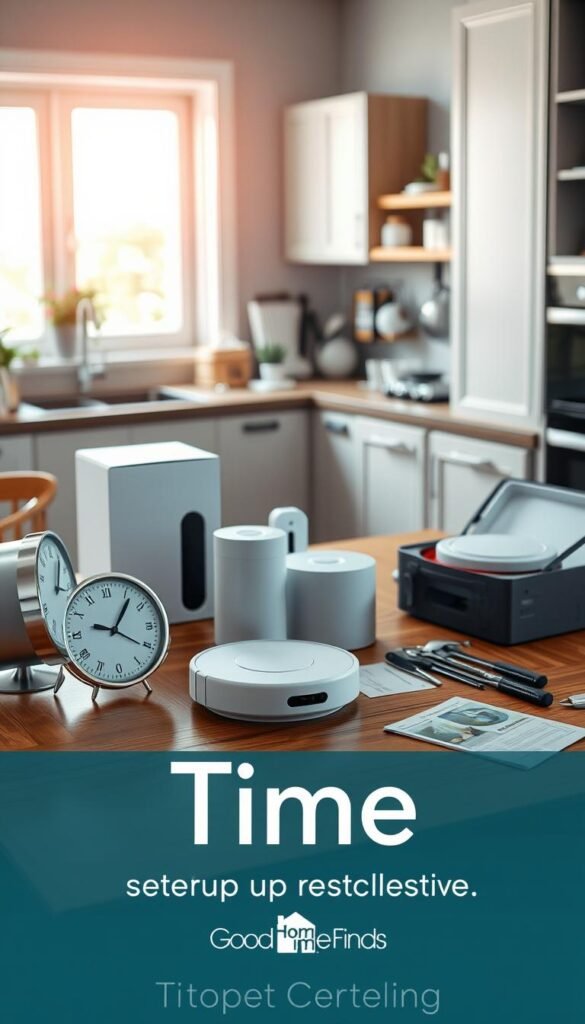 A captivating scene showcasing the concept of "time" in the context of setting up cleaning devices. In the foreground, an elegant wooden table displays a selection of new cleaning devices arranged neatly, with their packaging partially opened, hinting at the setup process. A sleek, modern clock ticks in the corner, emphasizing the passage of time. In the middle, a well-organized workspace with tools, user manuals, and scattered cleaning supplies adds to the theme of preparation and efficiency. The background features a softly lit kitchen, filled with natural light filtering through a window, creating a warm, inviting atmosphere. The image should evoke a sense of organization and urgency, highlighting the importance of time management in daily tasks. Focus on a Pinterest-style, lifestyle aesthetic, featuring the brand name "GoodHomeFinds." A captivating scene showcasing the concept of "time" in the context of setting up cleaning devices. In the foreground, an elegant wooden table displays a selection of new cleaning devices arranged neatly, with their packaging partially opened, hinting at the setup process. A sleek, modern clock ticks in the corner, emphasizing the passage of time. In the middle, a well-organized workspace with tools, user manuals, and scattered cleaning supplies adds to the theme of preparation and efficiency. The background features a softly lit kitchen, filled with natural light filtering through a window, creating a warm, inviting atmosphere. The image should evoke a sense of organization and urgency, highlighting the importance of time management in daily tasks. Focus on a Pinterest-style, lifestyle aesthetic, featuring the brand name "GoodHomeFinds."
