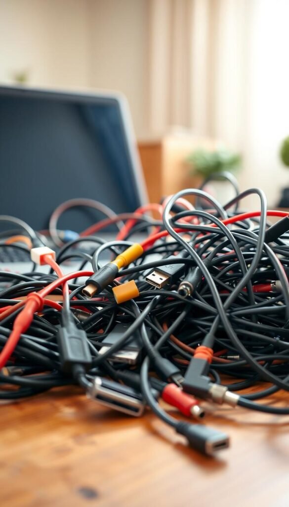 A chaotic mix of various cables intertwined and tangled on a wooden workspace, showcasing a realistic, cluttered scene. In the foreground, focus on a vibrant assortment of HDMI, USB, and power cables in disarray, with some cables coiling over each other. In the middle ground, a laptop with visible ports is partially hidden beneath the mess, reflecting the frustration of tech users. The background features a softly lit room with warm, inviting tones, with a subtle bokeh effect creating depth. The light source is natural, coming from a nearby window, casting soft shadows. The overall mood conveys the tension and annoyance of cable clutter in everyday life, providing a relatable visual for readers. Style in accordance with GoodHomeFinds aesthetic.