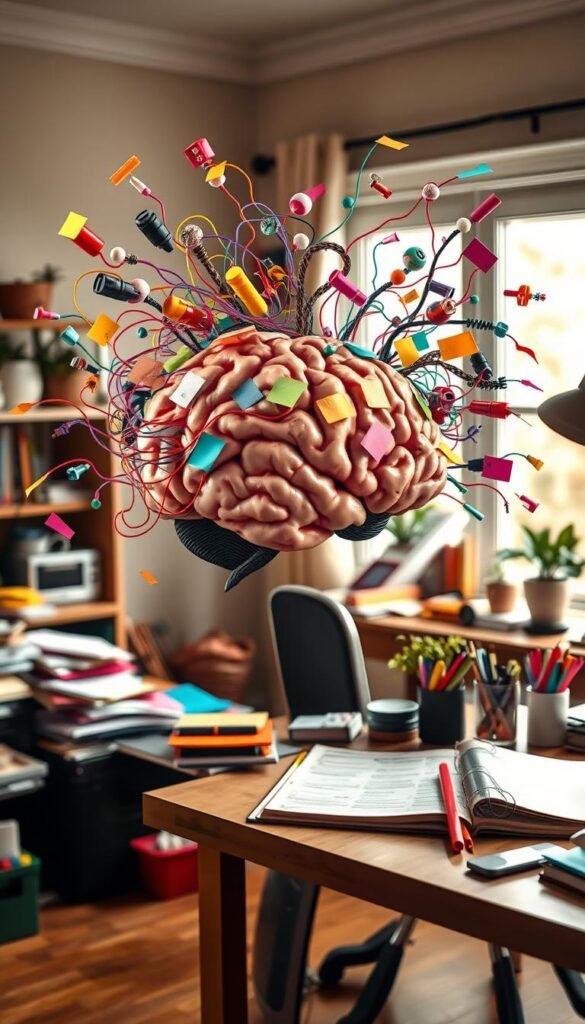 A chaotic yet vibrant depiction of an ADHD brain, symbolizing the struggle with clutter. In the foreground, a brain with colorful, swirling thought patterns emanating from it, showcasing various distractions like scattered toys, tangled wires, and sticky notes. The middle ground features an organized but slightly chaotic home office space, with a desk cluttered with colorful stationery, plants, and an open planner, reflecting a creative yet overwhelmed environment. In the background, soft natural light filters through a window, creating a warm and inviting atmosphere. The scene should look like a realistic lifestyle photo, capturing the essence of a home that feels both lived-in and productive. Emphasize a sense of understanding and compassion in the mood. GoodHomeFinds. A chaotic yet vibrant depiction of an ADHD brain, symbolizing the struggle with clutter. In the foreground, a brain with colorful, swirling thought patterns emanating from it, showcasing various distractions like scattered toys, tangled wires, and sticky notes. The middle ground features an organized but slightly chaotic home office space, with a desk cluttered with colorful stationery, plants, and an open planner, reflecting a creative yet overwhelmed environment. In the background, soft natural light filters through a window, creating a warm and inviting atmosphere. The scene should look like a realistic lifestyle photo, capturing the essence of a home that feels both lived-in and productive. Emphasize a sense of understanding and compassion in the mood. GoodHomeFinds.