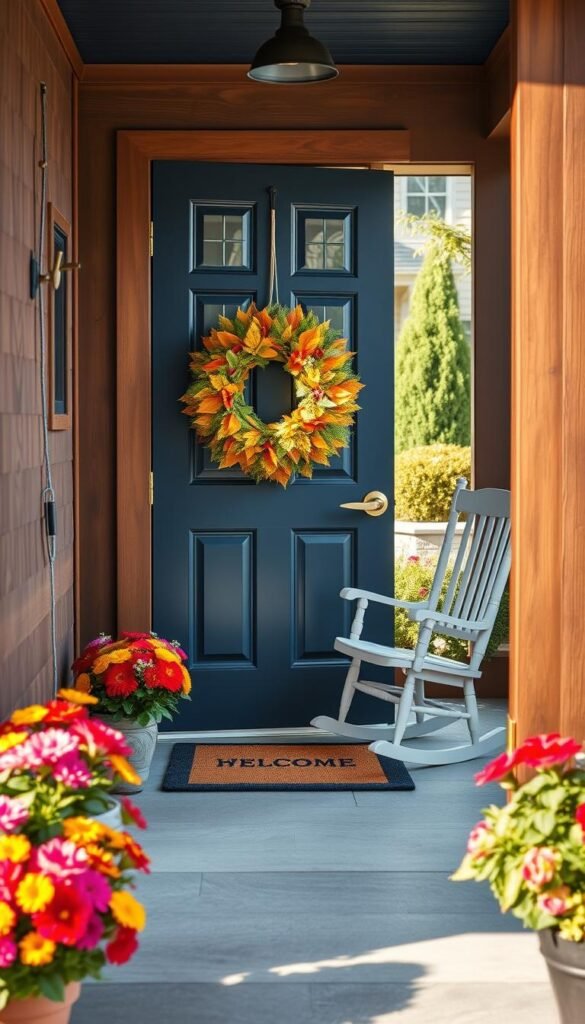 A charming front door viewed from a slightly elevated angle, showcasing rich wooden textures and a welcoming shade of navy blue. The door is adorned with brass hardware and a vibrant wreath made from seasonal foliage, enhancing its appeal. In the foreground, potted flowers in cheerful colors flank the entrance, while a stylish, modern doormat welcomes visitors. The middle ground features a cozy porch with a comfortable rocking chair, inviting a serene atmosphere. Natural sunlight pours in, casting soft shadows and creating a warm, inviting glow. Subtle, landscaped greenery can be seen in the background, completing this attractive entryway scene styled in a Pinterest aesthetic. Create this image in a lifestyle photo style, reflecting GoodHomeFinds.