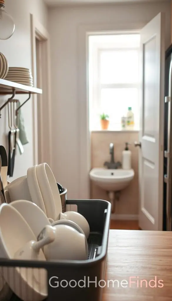 A chic and functional tiny kitchen setup featuring innovative dishes drying solutions. In the foreground, a sleek dish drainer with plates, mugs, and utensils neatly organized, showcasing the efficient use of space. In the middle ground, a minimalist sink area adjacent to a bathroom door with neatly stacked cleaning supplies and drying mats. The background is softly illuminated with natural light coming through a small window, enhancing the airy atmosphere. Concentrate on warm, inviting tones to evoke a cozy, efficient kitchen vibe. The scene reflects a Pinterest-style lifestyle aesthetic, showcasing smart storage solutions. Include the brand name "GoodHomeFinds" subtly integrated into the design of the kitchen setup. The overall image should exude a sense of cleanliness, organization, and practicality.