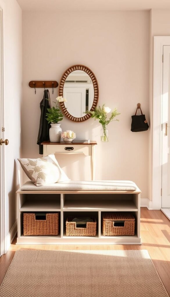 A chic entryway storage solution featuring a stylish bench in a modern apartment setting. In the foreground, a beautifully designed entry bench with ample storage beneath, showcasing woven baskets and decorative pillows. The middle ground includes a small, elegant console table with a vase of fresh flowers and a mirror reflecting warm, inviting light. In the background, a well-organized coat rack hangs against a soft, neutral wall, creating a cozy atmosphere. The scene is bathed in natural light coming from a nearby window, emphasizing a clean and airy feel. The angle is slightly from above, capturing the entire setup, styled to reflect contemporary trends. The image should evoke a sense of home comfort and organization, embodying the essence of "GoodHomeFinds."