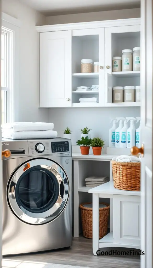 A clean and organized dryer area in a small laundry room, designed for easy maintenance. In the foreground, a sleek, modern dryer with a stainless steel finish positioned next to a stack of neatly folded towels and a wicker laundry basket. The middle ground features a minimalist folding table with small potted plants and eco-friendly cleaning supplies. The background showcases white cabinetry and open shelving filled with neatly arranged containers and scented dryer sheets. Soft, natural light filters in from a nearby window, creating a warm and inviting atmosphere. The angle captures a slightly elevated view, emphasizing cleanliness and organization. The overall mood is calm and efficient, ideal for a stylish, functional laundry space. Incorporate subtle branding elements of "GoodHomeFinds" in the design, enhancing the lifestyle aesthetic.