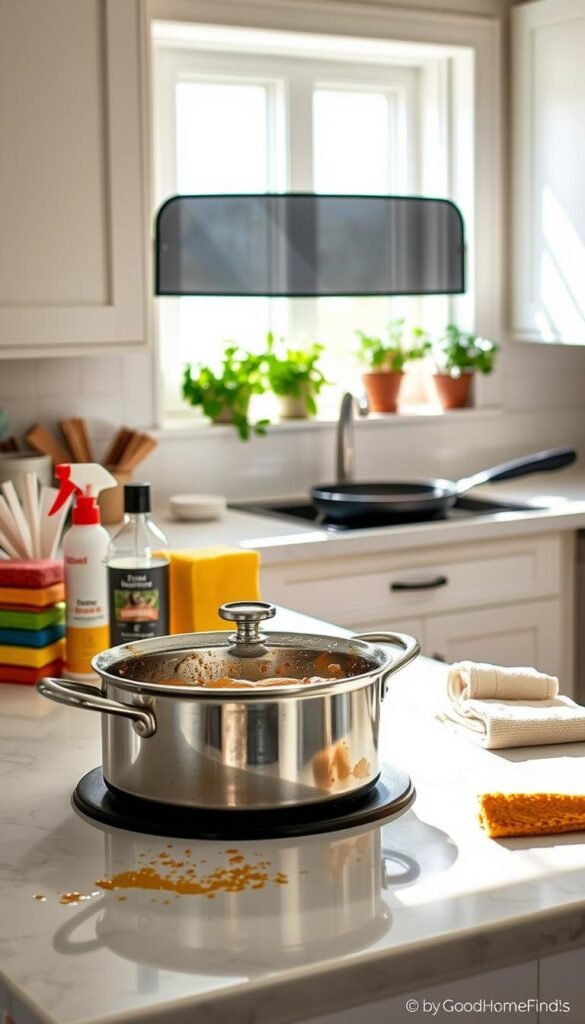 A clean kitchen countertop showcasing a variety of practical splatter control tools and techniques against a bright, well-lit backdrop. In the foreground, a sturdy stainless-steel cooking pot with grease splatters, surrounded by a selection of sponges, a bottle of degreaser, and kitchen towels. In the middle, a detailed view of a splatter shield being used over a frying pan, capturing the action of cooking with minimized mess. The background features light-colored cabinetry and potted herbs on a windowsill, providing a warm, inviting atmosphere. Daylight streams through the window, casting gentle shadows and highlighting the textures of the surfaces. The entire scene reflects a modern, tidy kitchen experience. Style inspired by GoodHomeFinds for a Pinterest-worthy visual.