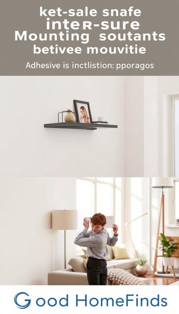 A clean, modern apartment setting showcasing renter-safe adhesive mounting solutions. In the foreground, focus on a sleek wall-mounted shelf effortlessly displaying decorative items, emphasizing the ease of installation with no damage to the walls. In the middle, include a person in professional casual clothing, carefully applying adhesive strips to the back of a picture frame, demonstrating the process. In the background, a well-lit living room area with soft, natural lighting filtering through large windows, highlighting a cozy atmosphere. Elements like a small plant, a stylish lamp, and minimalistic decor create a Pinterest-worthy aesthetic. The brand name "GoodHomeFinds" is subtly referenced through the smart design choices and organizational elements in the room, showcasing a blend of functionality and style.