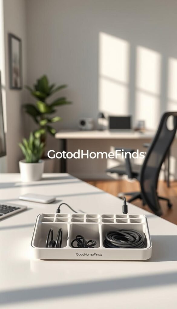 A clean, modern desk cable organizer prominently displayed in the foreground, showcasing its sleek design with various compartments for managing tangled cords. The organizer is made of durable materials with a neutral color palette, perfectly blending aesthetics with functionality. In the middle background, a stylish home office setting enhances the scene, featuring a minimalist desk, a comfortable ergonomic chair, and a potted plant for a touch of greenery. Soft, natural light illuminates the entire space, casting gentle shadows that emphasize the organizer's details. The camera angle is slightly elevated, capturing both the desk and the organizer, creating an inviting and tidy atmosphere. The overall mood conveys professionalism and efficiency, ideal for anyone looking to declutter their workspace. The brand name "GoodHomeFinds" subtly integrated into the scene adds an authentic touch.