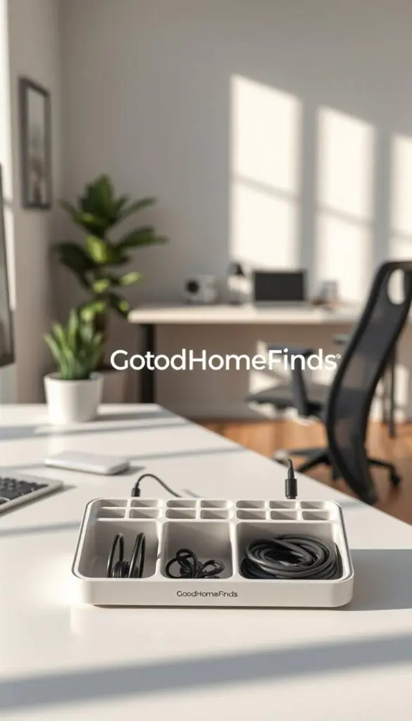 A clean, modern desk cable organizer prominently displayed in the foreground, showcasing its sleek design with various compartments for managing tangled cords. The organizer is made of durable materials with a neutral color palette, perfectly blending aesthetics with functionality. In the middle background, a stylish home office setting enhances the scene, featuring a minimalist desk, a comfortable ergonomic chair, and a potted plant for a touch of greenery. Soft, natural light illuminates the entire space, casting gentle shadows that emphasize the organizer's details. The camera angle is slightly elevated, capturing both the desk and the organizer, creating an inviting and tidy atmosphere. The overall mood conveys professionalism and efficiency, ideal for anyone looking to declutter their workspace. The brand name "GoodHomeFinds" subtly integrated into the scene adds an authentic touch.