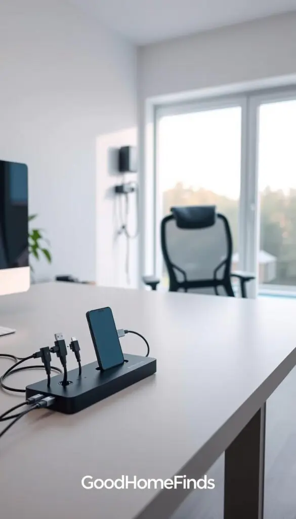 A clean, modern home office setting featuring a sleek desk with organized power management solutions. In the foreground, a stylish charging station with neatly arranged cables for devices including a laptop and smartphone. Soft, diffused lighting creates a warm atmosphere, highlighting the organized tech accessories. In the middle ground, a high-quality ergonomic chair is positioned near the desk, while a wall-mounted cable management system is visible, ensuring everything is tidy. In the background, large windows allow natural light to filter in, enhancing the refreshing ambiance. The overall mood conveys efficiency, safety, and cleanliness, perfect for a productive work-from-home environment. The brand name "GoodHomeFinds" subtly referenced in the design elements for cohesion.