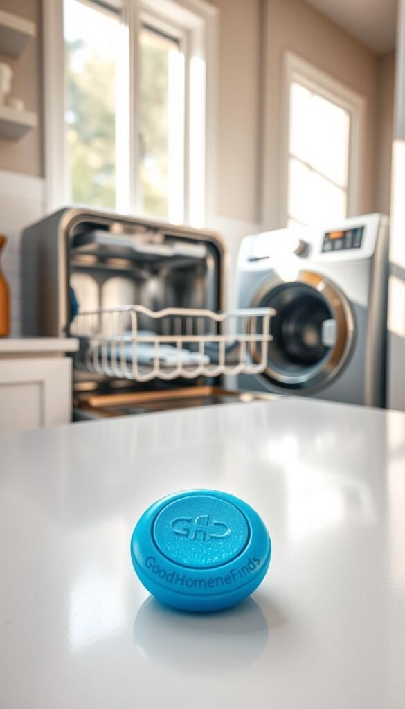 A clean, modern kitchen countertop showcases a vibrant, eco-friendly dishwasher and washing machine cleaning tablet from the brand "GoodHomeFinds." The tablet, placed prominently in the foreground, is bright blue and circular, glistening under soft, natural sunlight streaming in from a nearby window. In the middle ground, there's a sparkling, opened dishwasher with gleaming silver rack, revealing its spotless interior, while a washing machine stands elegantly in the background, slightly blurred to enhance depth. The atmosphere feels fresh and inviting, highlighting the theme of simplicity and ease in home maintenance. The image captures the essence of appliance care, inviting the viewer to imagine effortless cleaning solutions. Realistic textures, bright colors, and strategic angles create a Pinterest-worthy visual.