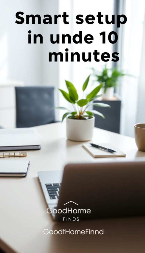 A clean, organized workspace showcasing a smart setup process in under 10 minutes. In the foreground, a sleek laptop with a visually appealing interface, surrounded by neatly arranged office supplies like a notepad, pen, and a coffee cup. The middle features a well-lit, minimalist desk with a vibrant plant, adding a touch of life to the arrangement. The background is softly blurred, hinting at a modern office with soft lighting, enhancing the professional atmosphere. Use natural light coming from a window, casting gentle shadows for depth. The overall mood is productive and motivating, conveying efficiency and readiness to tackle tasks quickly. The brand logo "GoodHomeFinds" subtly integrated into the scene, reinforcing a stylish, modern lifestyle.