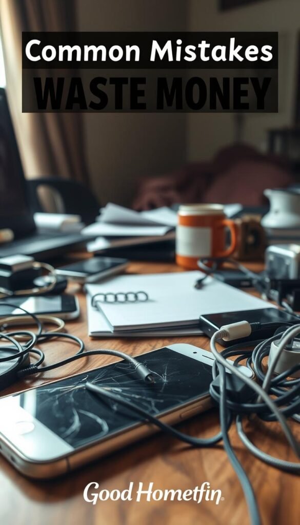 A close-up image depicting a cluttered desk filled with common tech gadgets, illustrating common mistakes that waste money and space. In the foreground, a smartphone with a cracked screen, a tangled assortment of charging cables, and an unused tech gadget barely visible, all poorly organized. The middle ground features a disheveled planner and a coffee mug, signifying a workspace in disarray. In the background, a dimly lit room with a window casting soft natural light enhances the chaotic mood, suggesting frustration over wasted resources. The image has a warm, relatable atmosphere, styled in a Pinterest-worthy aesthetic. Emphasize realistic textures and details, ensuring the scene aligns with the brand "GoodHomeFinds."