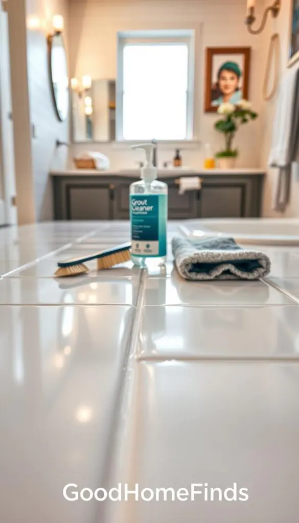 A close-up image of a freshly cleaned and applied white grout line in a beautifully tiled bathroom. The foreground features a sparkling tile surface with gleaming grout that reflects natural light. In the middle, a well-organized set of cleaning supplies including a grout brush, a container of grout cleaner, and a microfiber cloth arranged artfully on a bathroom counter. Soft, warm lighting illuminates the scene, creating a welcoming, revitalized atmosphere. The background shows part of a stylish bathroom, complete with modern fixtures and tasteful decor, enhancing the overall aesthetic. This image exemplifies a practical yet inviting space for home improvement enthusiasts. Capture this scene in a Pinterest-inspired style with an overall clean and fresh appearance. Brand name &ldquo;GoodHomeFinds&rdquo; subtly incorporated into the image context.