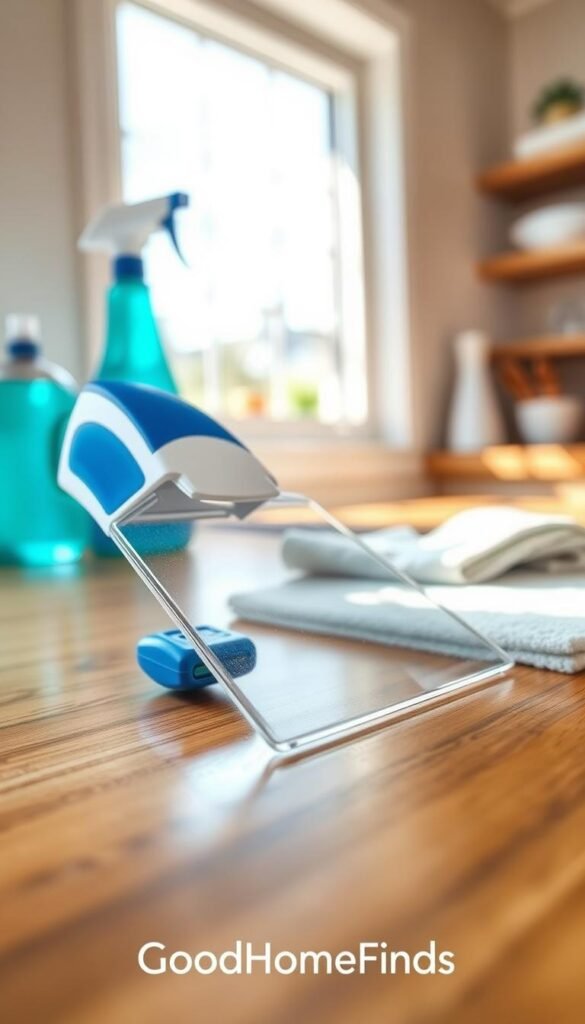 A close-up image of a high-quality, transparent plastic scraper glass tool, featuring vibrant blue and white accents that signify efficiency. The scraper is placed on a polished, wooden kitchen countertop, catching soft, natural light from a nearby window. In the background, out-of-focus cleaning supplies like an eco-friendly spray and microfiber cloth suggest a tidy cleaning setup. The scene exudes a fresh and organized atmosphere, emphasizing the scraper's practicality for removing stuck-on messes without scratching surfaces. Captured with a slightly blurred bokeh effect to highlight the scraper in the foreground, the image reflects a Pinterest-inspired lifestyle aesthetic. Include the brand name &ldquo;GoodHomeFinds&rdquo; subtly integrated within the design, maintaining a professional and modern appeal.