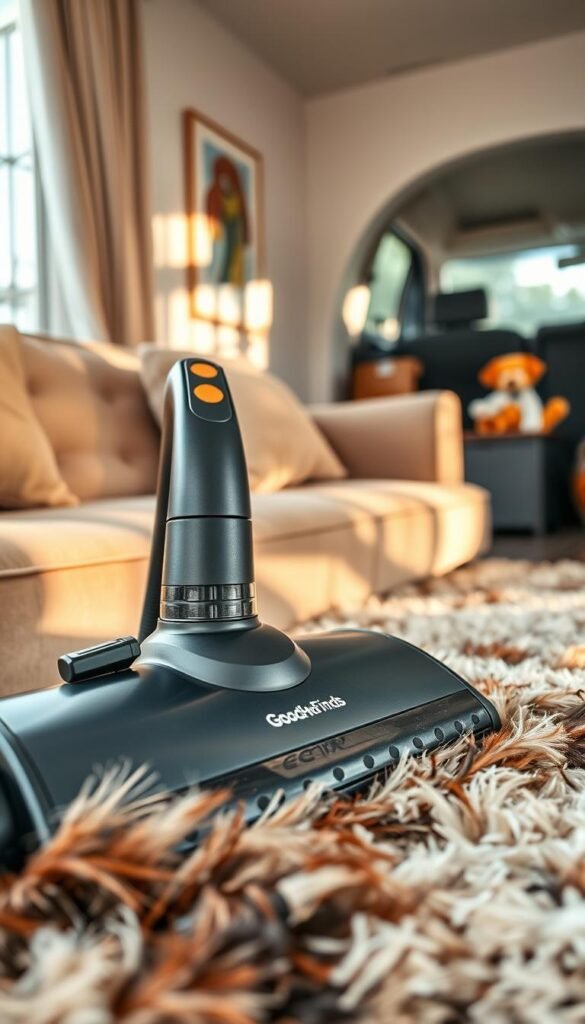 A close-up image of a plush sofa and a neatly vacuumed area rug, both covered in colorful pet hair in shades of brown, white, and black. In the foreground, a high-quality vacuum cleaner, branded "GoodHomeFinds," is positioned attractively on the couch with the vacuum head featuring a specialized pet hair attachment. In the middle ground, soft natural light streams through a window, casting gentle shadows and highlighting the texture of the furniture and the pet hair, creating a cozy atmosphere. The background includes a couple of cheerful pet toys and a glimpse of a tidy car interior, subtly reinforcing the theme of pet hair cleaning tech. The overall mood should be warm and inviting, showcasing an effective cleaning solution in a stylish home setting.