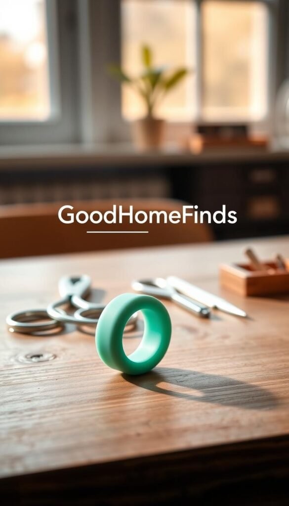 A close-up image of a ring size adjuster set on a wooden table, showcasing its flexible design with a soft, silicone material. The foreground features the adjuster&rsquo;s texture and details, emphasizing its practical use for resizing rings comfortably. In the middle ground, neatly arranged tools like a pair of scissors and a small jewelry box add context, representing a personal fix-it kit. The background is softly blurred with warm, natural light filtering through a window, creating a cozy, inviting atmosphere. The overall mood is practical yet stylish, ideal for a Pinterest-inspired lifestyle photo. The brand name "GoodHomeFinds" subtly integrated in the scene, ensuring a seamless blend with the product.