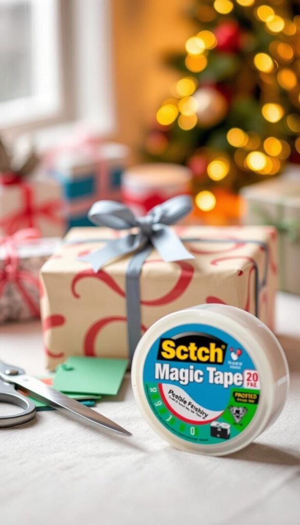 A close-up image of a roll of Scotch Magic Tape, highlighting its unique frosted finish and glossy texture. In the foreground, a pair of scissors and colorful gift tags are artistically arranged next to the tape to emphasize its utility for quick fixes and gift wrapping. In the middle, a beautifully wrapped gift, adorned with a simple bow, showcases the tape in action. The background is softly blurred to a cozy, well-lit setting, with hints of festive decorations and wrapping supplies to create a warm, inviting atmosphere. The lighting is soft and natural, mimicking daylight, and the angle is slightly overhead, capturing the scene as if inviting the viewer to join in the wrapping process. The image conveys a sense of practicality and creativity, perfect for showcasing the brand GoodHomeFinds.