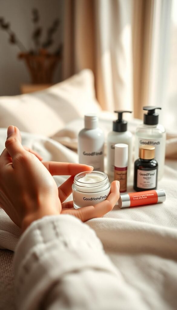 A close-up image of a serene and inviting setting featuring smooth, healthy skin on hands and lips, surrounded by subtle, natural skincare products like lotions and balms. In the foreground, elegantly manicured hands gently hold a small jar of moisturizer, emphasizing a sense of care and pampering. The middle ground should have various products like lip balm and hand cream displayed artfully on a soft, textured fabric, evoking a cozy atmosphere. The background includes a softly blurred, neutral-toned room with gentle natural light streaming in, creating a warm and inviting ambiance. The composition should reflect a Pinterest-style lifestyle aesthetic, with no text, ensuring a clean and professional look. Branding element: &ldquo;GoodHomeFinds&rdquo; subtly incorporated into the design of the products without overshadowing the focus on skin care.
