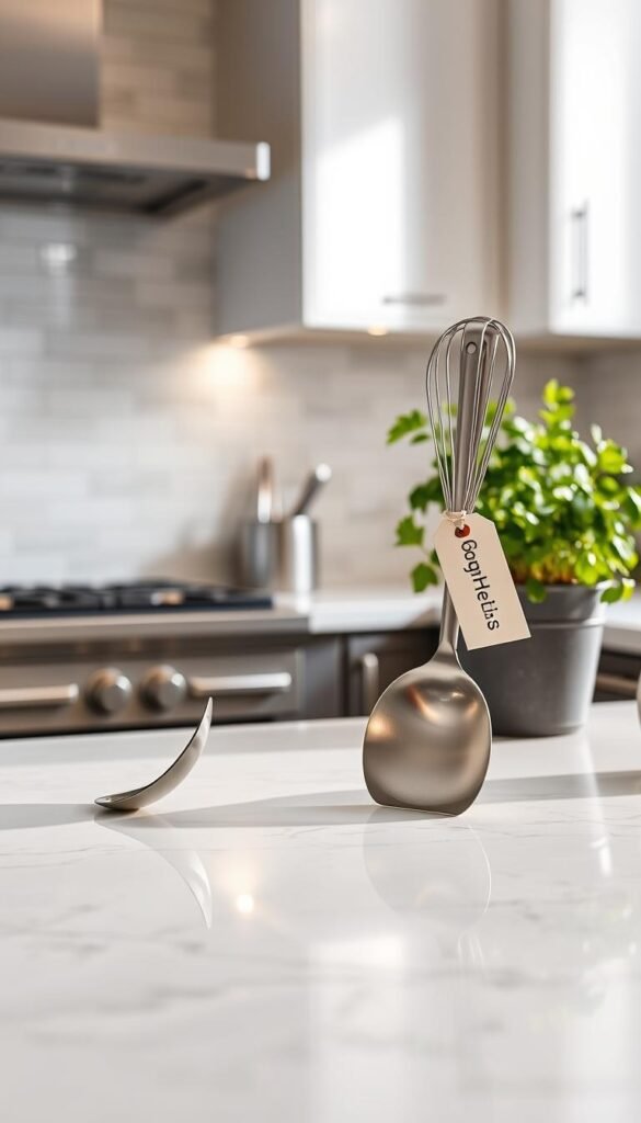A close-up image of a shiny stainless steel kitchen utensil set, prominently displayed on a sleek marble countertop in a well-lit kitchen. In the foreground, the utensils glisten under bright, soft light, highlighting their polished surfaces and modern design. The middle ground features a few kitchen tools, such as a spatula, ladle, and whisk, arranged artfully, showcasing their ergonomic qualities. In the background, a stylish backsplash with subtle tile patterns adds depth, while a potted herb plant contributes a touch of freshness. The atmosphere is inviting and contemporary, ideal for the aesthetic of a modern kitchen. The branding "GoodHomeFinds" subtly appears on a tag attached to one of the utensils, emphasizing quality and affordability without any text overlays or watermarks.