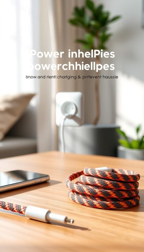 A close-up image of a stylish, braided charging cord and power plug on a minimalist wooden desk. The cord features a rich texture and vibrant colors, elegantly coiled to prevent tangles. In the foreground, a sleek smartphone rests beside the cord, while the middle ground showcases a modern power socket, seamlessly integrated into the wall. Soft, natural lighting floods the scene, creating gentle shadows that emphasize the cord's weave. The background is slightly blurred, revealing a cozy, well-organized living space. The overall mood exudes practicality and sophistication, accentuated by the brand name &ldquo;GoodHomeFinds&rdquo; subtly integrated into the scene. Perfect for illustrating power and charging helpers that prevent clutter and reduce hassle in daily life.