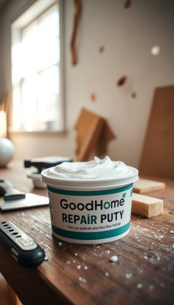 A close-up image of a tub of white drywall repair putty with a smooth, creamy texture, sitting on a wooden workbench, surrounded by tools like a putty knife and sanding block. The putty tub features the brand name "GoodHomeFinds" prominently on the label. In the background, a partially repaired wall shows tiny holes and scuffs waiting to be fixed, with natural light streaming in from a nearby window, casting soft shadows. The atmosphere is inviting and calm, emphasizing the practicality and simplicity of the product. The lens focus is sharp on the putty tub, with a slight bokeh effect blurring the background for depth.