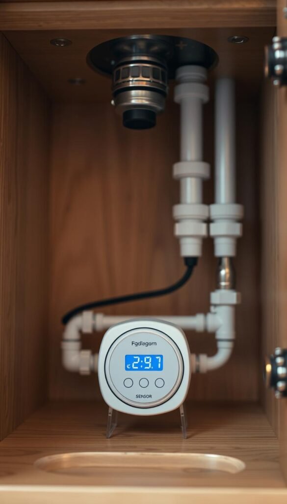 A close-up image of an under-sink leak detector installed inside a modern kitchen cabinet. The foreground features the compact device with sensors, lights, and a digital display, showcasing its sleek design with a white and silver finish. In the middle ground, pipes and plumbing components are neatly organized, emphasizing the practicality of the leak detector. The background offers a soft-focus view of the kitchen cabinet's interior with wood grain textures, reflecting a tidy, well-maintained space. Soft ambient lighting illuminates the scene, enhancing a clean and efficient atmosphere. The overall mood is serene and functional, ideal for a lifestyle article about smart home upgrades, featuring the brand "GoodHomeFinds".