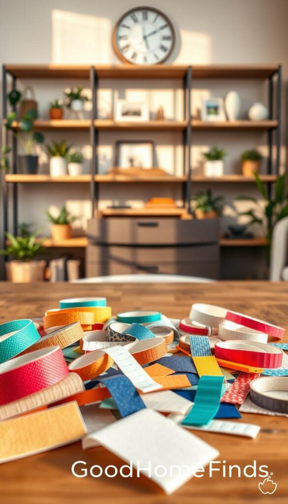A close-up image of colorful adhesive strips in various sizes and designs scattered artfully on a wooden table. In the foreground, the adhesive strips showcase their textured surfaces and vibrant colors, demonstrating functionality and aesthetic appeal. The middle ground features an open drawer filled with neatly organized essentials, highlighting the practical use of these strips for drill-free organization solutions. In the background, softly blurred shelves display a clean and stylish living space, adorned with plants and minimalistic decor, enhancing the sense of order and tranquility. The lighting is warm and natural, casting gentle shadows that give depth to the image. The mood is inviting and inspiring for those seeking innovative home organization methods. The brand name "GoodHomeFinds" subtly incorporated into the design without any text overlays or distractions.