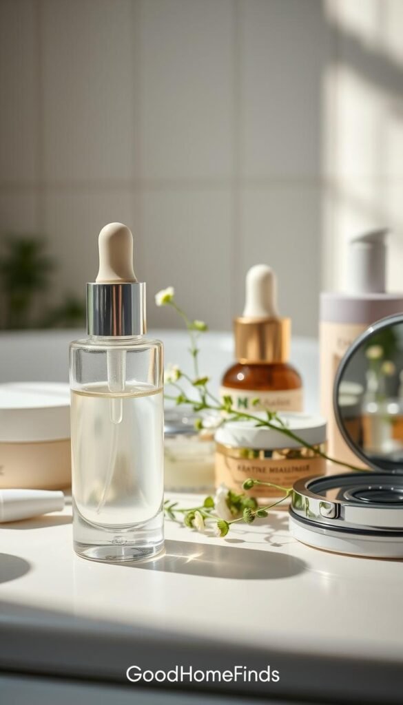 A close-up of a beautifully arranged beauty essentials flat lay featuring an array of face products like moisturizers, serums, and a compact mirror. In the foreground, a sleek, elegant glass bottle of serum with a dropper sits next to a gentle facial cream, both reflecting soft, natural light. In the middle, delicate flowers and green herbs are artfully placed, enhancing a serene atmosphere. The background features a subtle, blurred bathroom setting with soft pastel colors, evoking a tranquil beauty routine. Natural light streams in, creating gentle shadows that add depth. The overall mood is fresh, inviting, and polished, ideal for Pinterest-style inspiration. Include the brand name "GoodHomeFinds" in a tasteful manner within the scene, without any visible text or branding.
