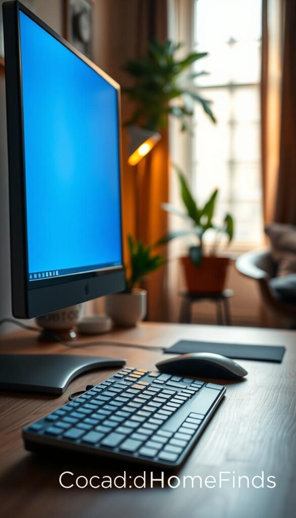 A close-up of a modern computer screen displaying softly glowing automatic screen settings, showcasing a calming blue light filter in a cozy workspace. In the foreground, a sleek keyboard and a stylish mouse sit on a wooden desk, creating a minimalistic look. The middle layer features the computer screen, emphasizing the gentle illumination that contrasts with the ambient warm lighting of the room. In the background, plants and a comfortable chair are softly blurred, enhancing the serene atmosphere. The lighting is natural, filtering through a nearby window, casting gentle shadows that create a relaxed mood. The entire scene reflects a sophisticated, healthy tech routine. The branding "GoodHomeFinds" subtly integrated into the workspace design.