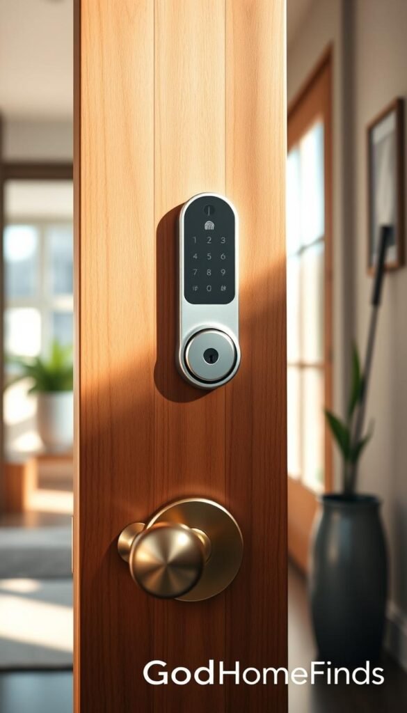 A close-up of a modern smart door lock mounted on a sleek wooden door, showcasing its innovative design and advanced features. The lock is silver with a digital keypad and a small fingerprint scanner. In the foreground, a polished brass doorknob complements the lock, reflecting the soft, warm lighting that enhances the wood grain. The background features a blurred entryway decorated with minimalist decor, such as a potted plant and a stylish umbrella stand, contributing to a cozy, inviting atmosphere. Natural light streams in from a nearby window, creating gentle shadows that highlight the door’s texture. The overall mood is secure yet welcoming, embodying the essence of modern entryway technology. GoodHomeFinds. A close-up of a modern smart door lock mounted on a sleek wooden door, showcasing its innovative design and advanced features. The lock is silver with a digital keypad and a small fingerprint scanner. In the foreground, a polished brass doorknob complements the lock, reflecting the soft, warm lighting that enhances the wood grain. The background features a blurred entryway decorated with minimalist decor, such as a potted plant and a stylish umbrella stand, contributing to a cozy, inviting atmosphere. Natural light streams in from a nearby window, creating gentle shadows that highlight the door’s texture. The overall mood is secure yet welcoming, embodying the essence of modern entryway technology. GoodHomeFinds.